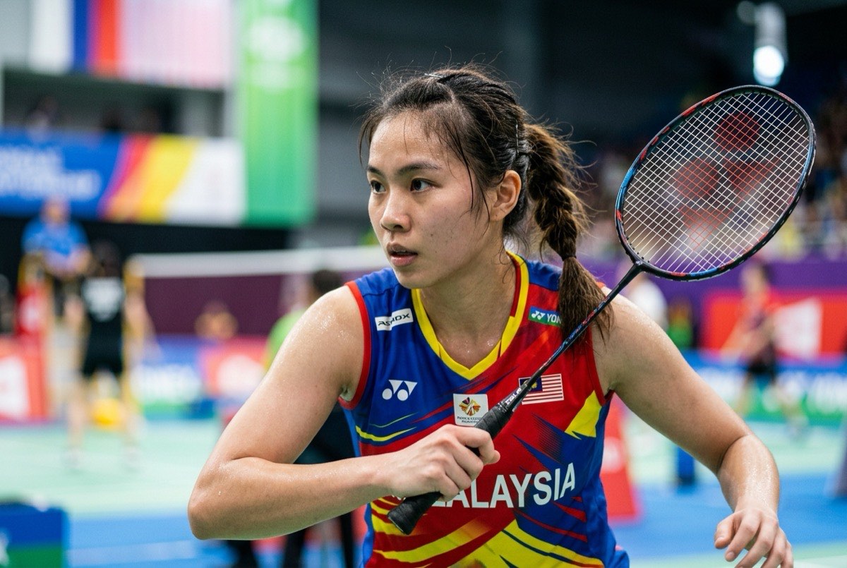 Intense close-up of a focused badminton player holding a racket in ready stance