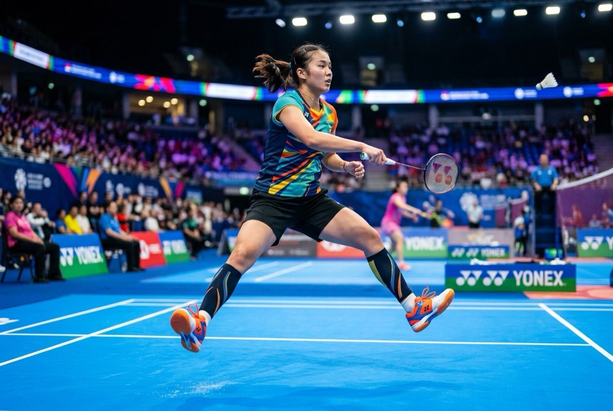 Badminton player exploding off the ground in a dynamic split-step in a bright arena