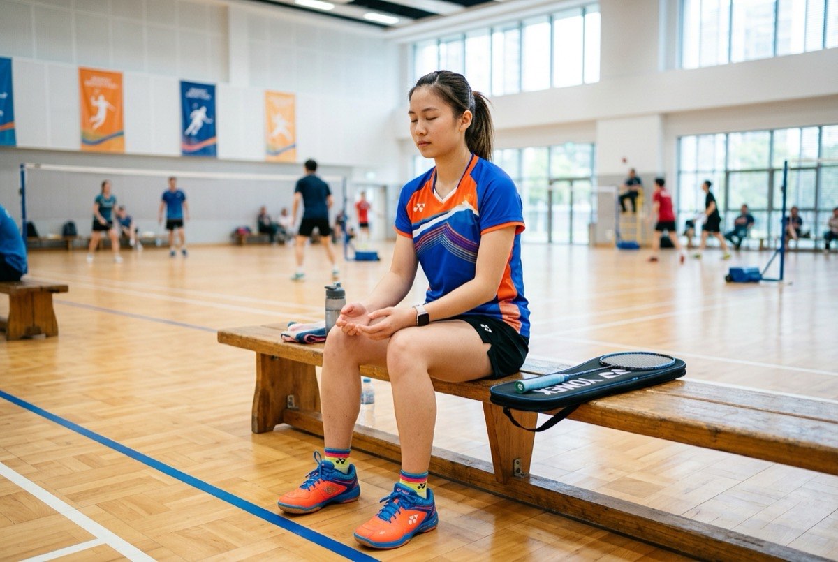 Badminton player sitting calmly on a bench with eyes closed, mentally preparing before a match