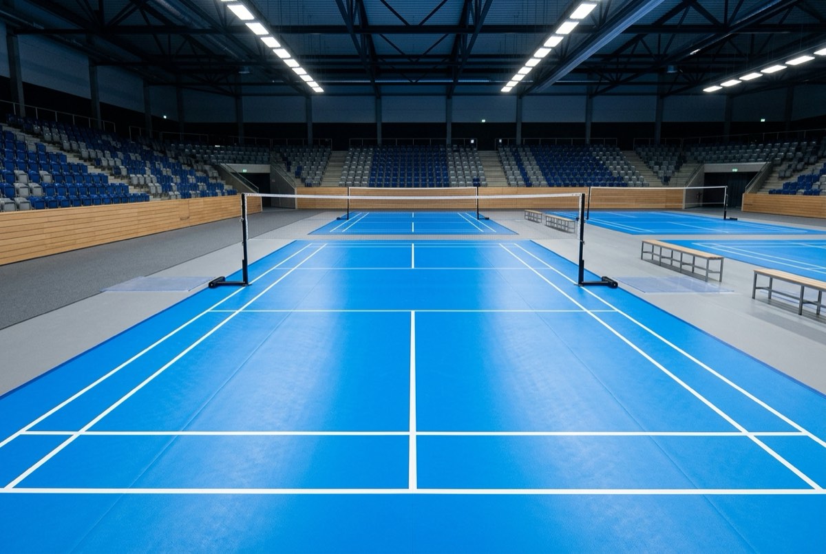 Empty professional indoor badminton court with bright blue surface and net in a modern arena