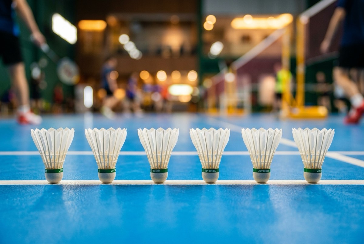 Row of feather shuttlecocks lined up on a blue tournament court