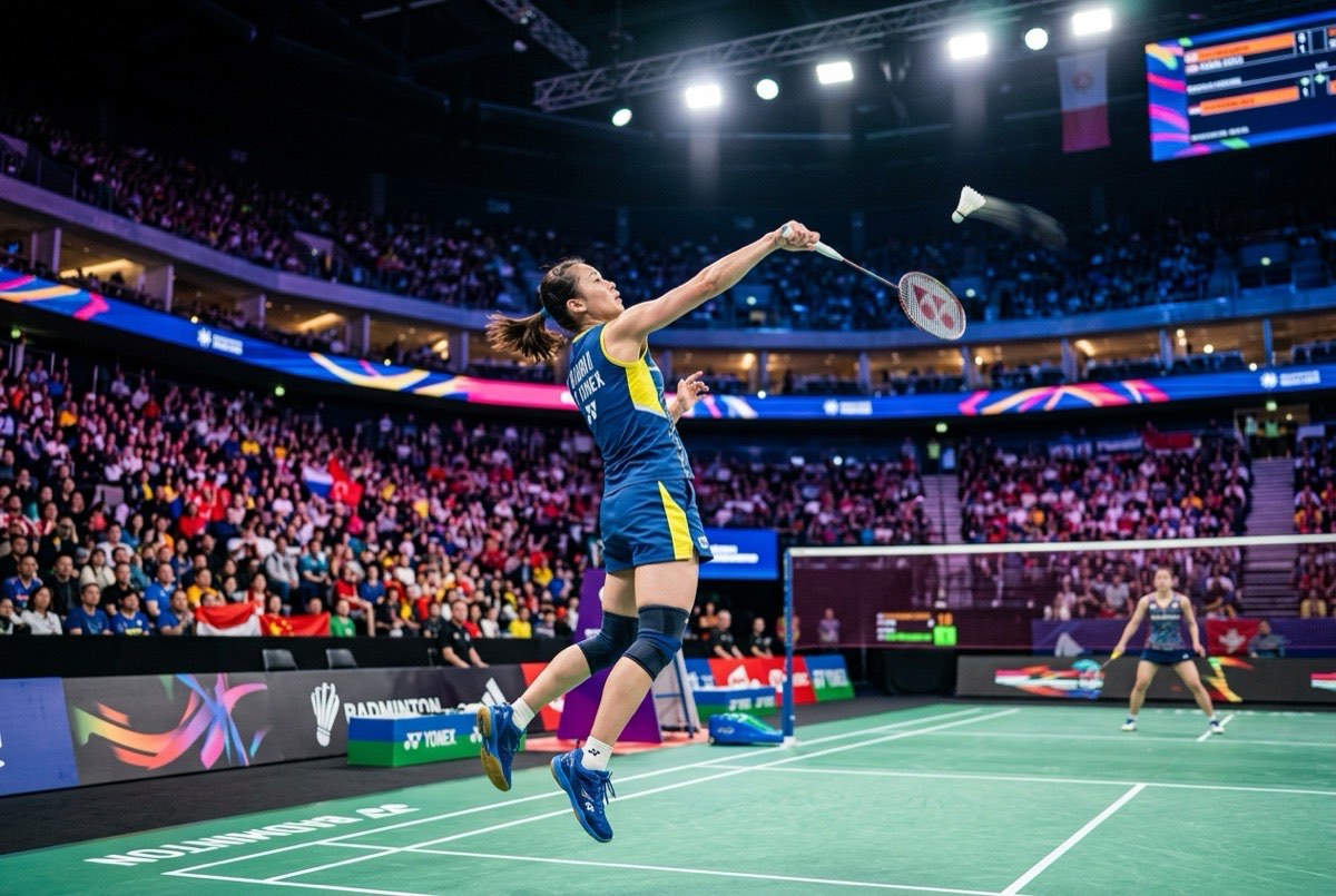 Professional badminton player jumping to hit an overhead smash in a packed arena