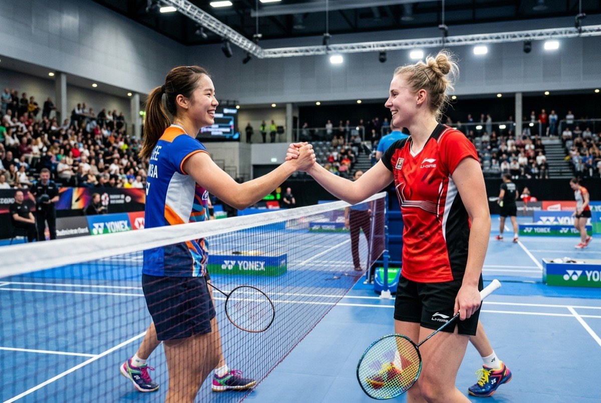 Two badminton players smiling and shaking hands across the net after a match