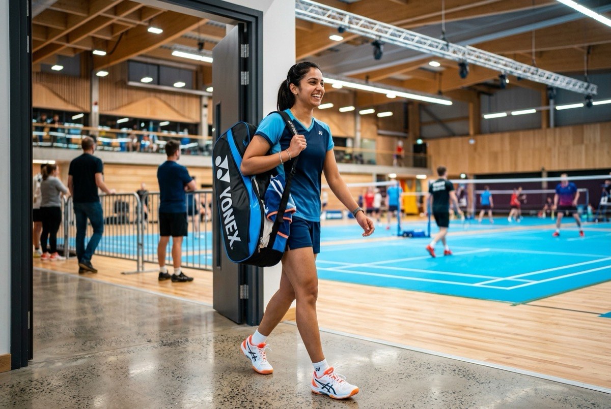 Smiling young woman with a racket bag walking into a bright modern badminton hall