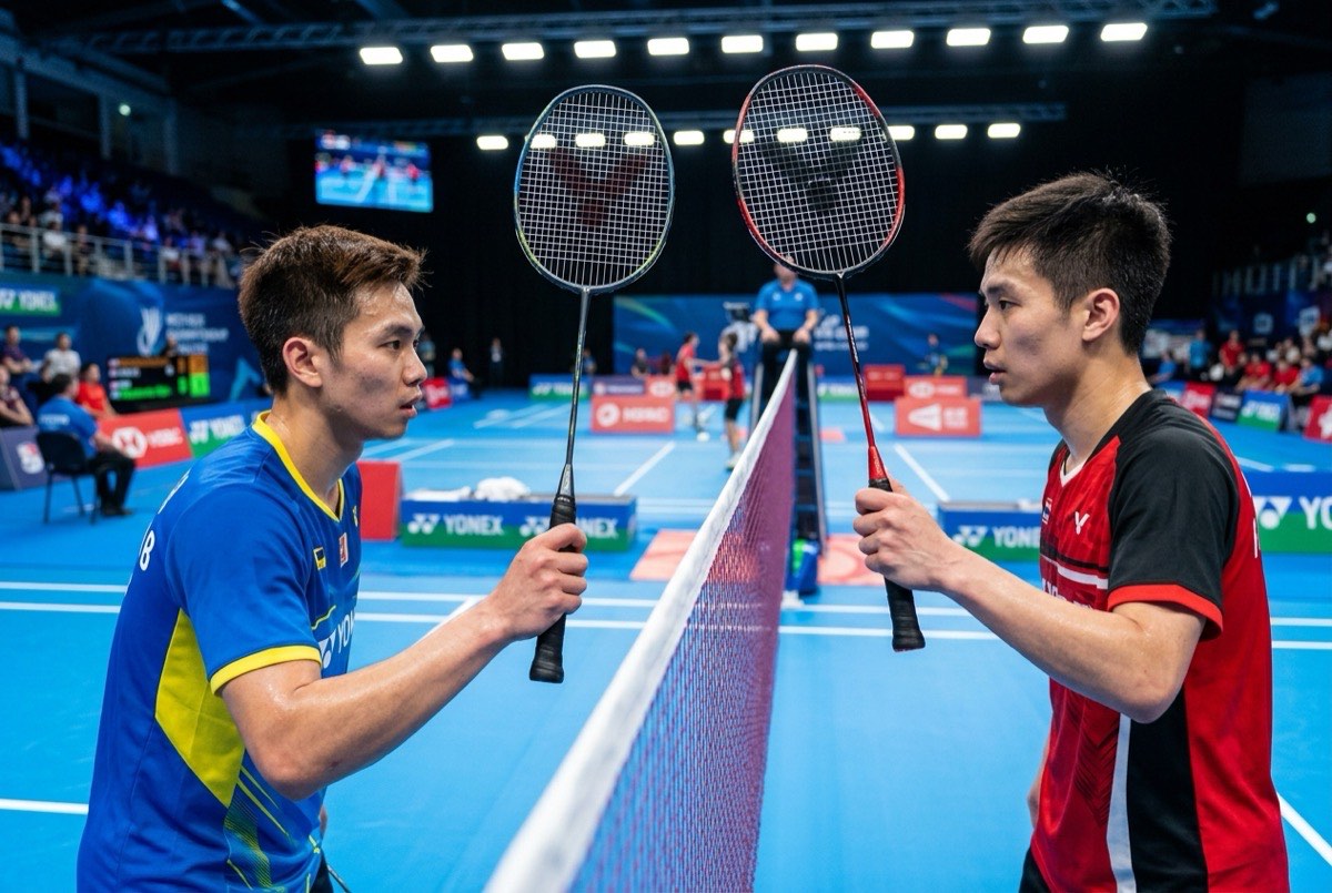 Two badminton players facing each other at the net with rackets raised