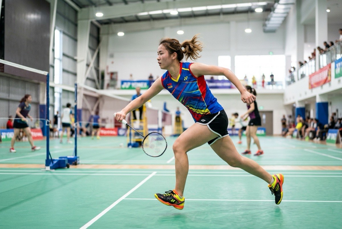 Badminton player sprinting across an indoor court during a training session