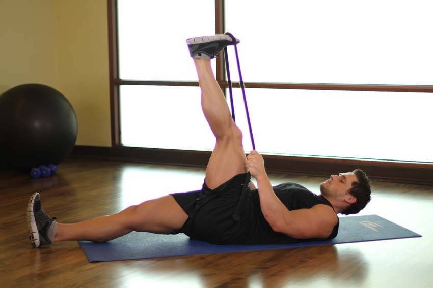 Band-assisted hamstring stretch: end position